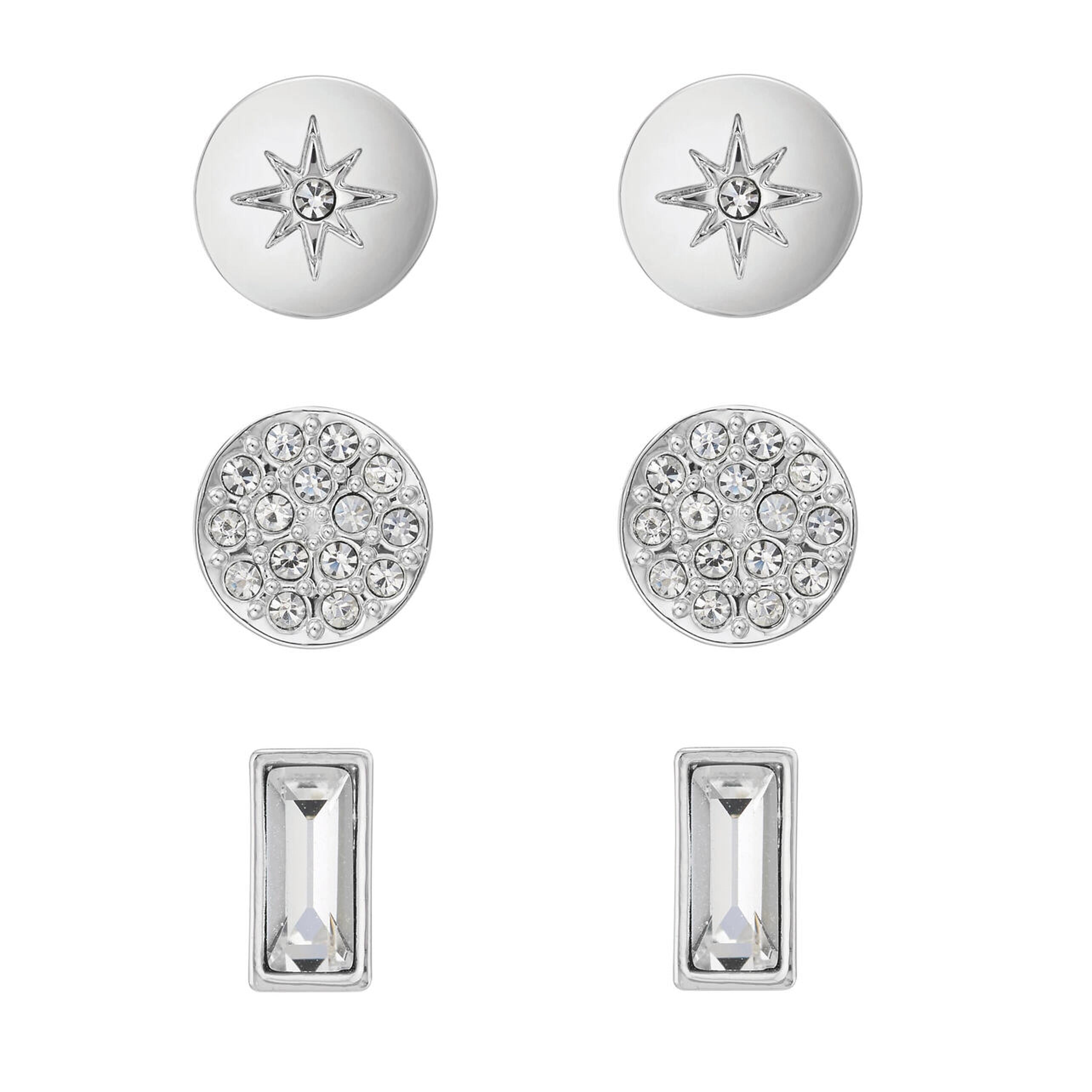 Trio of silver plated and crystal studs earringsby Buckley London