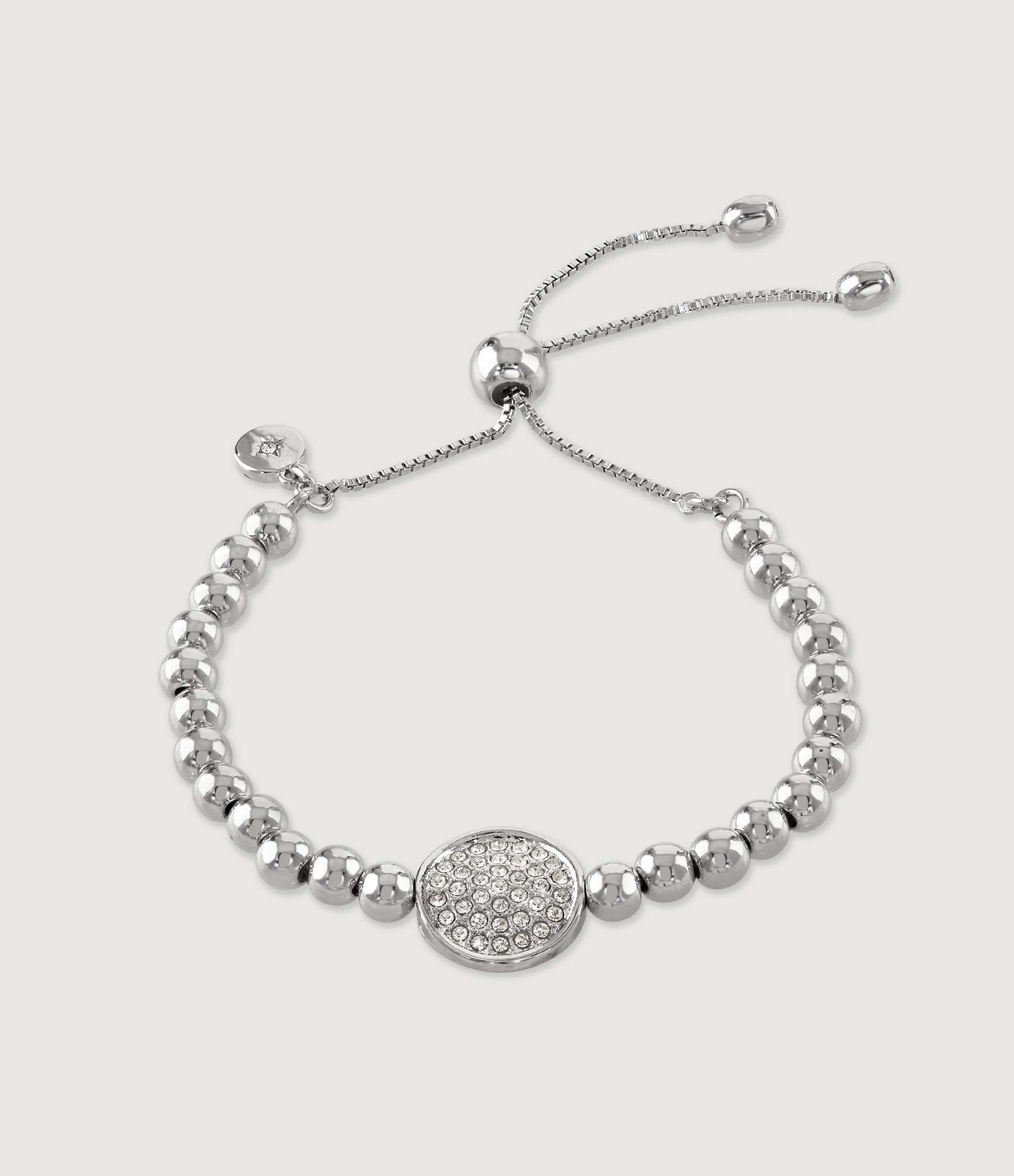 RHODIUM BEADED FRIENDSHIP BRACELET WITH PAVE DISC