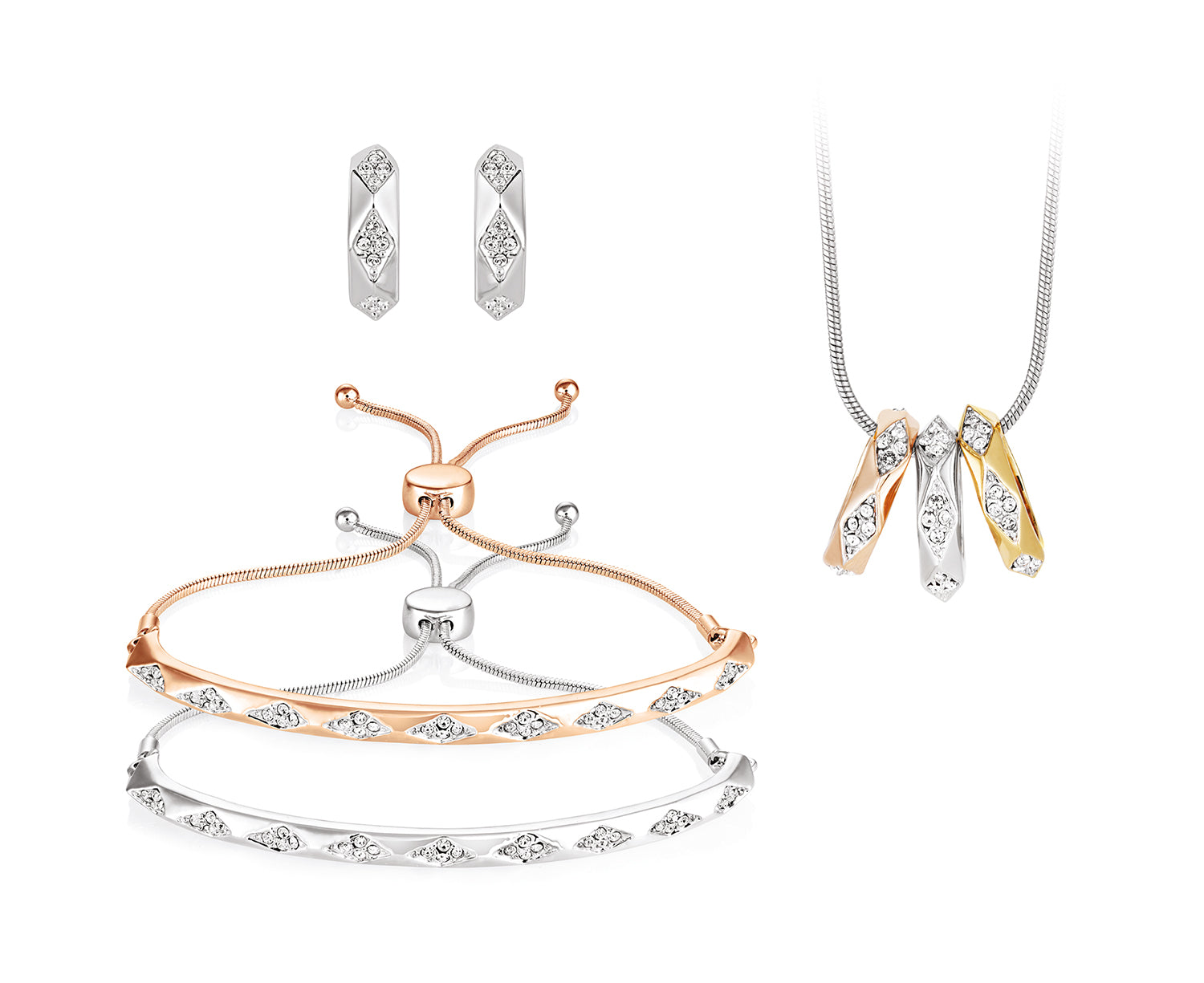 Notting Hill Jewellery set featuring hooped earrings, a duo of bracelets and a pendant. Plated in gold, rose gold and rhodium with cubic zirconia detail.