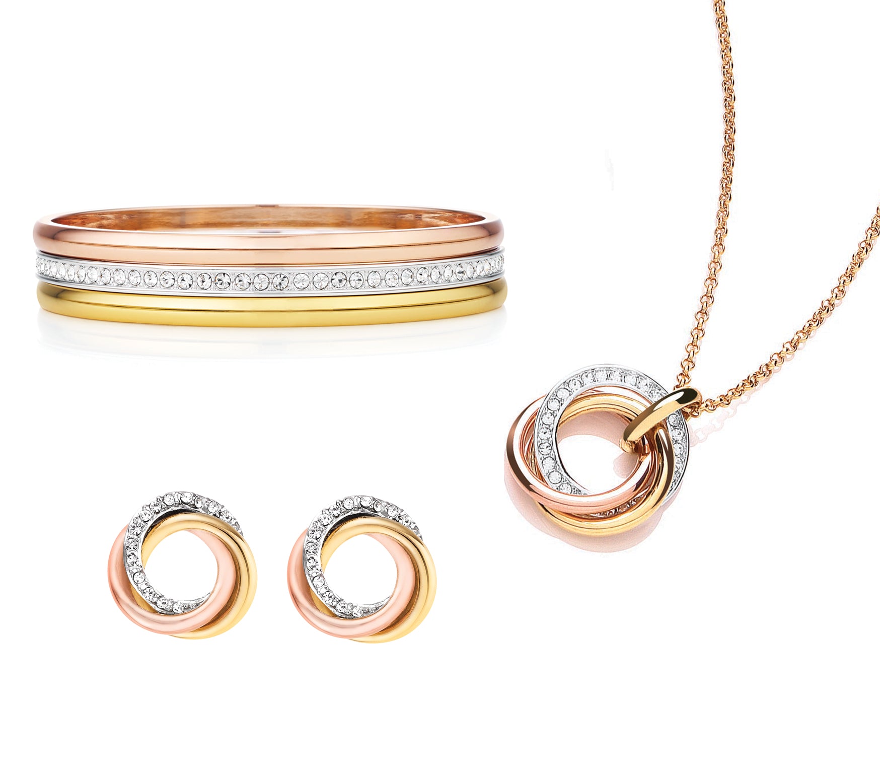 Russian three colour gold plated bangle, pendant and earring set. Set with cubic zirconias.
