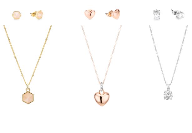 Set of gold, rose gold, and silver necklaces and earrings by Buckley London