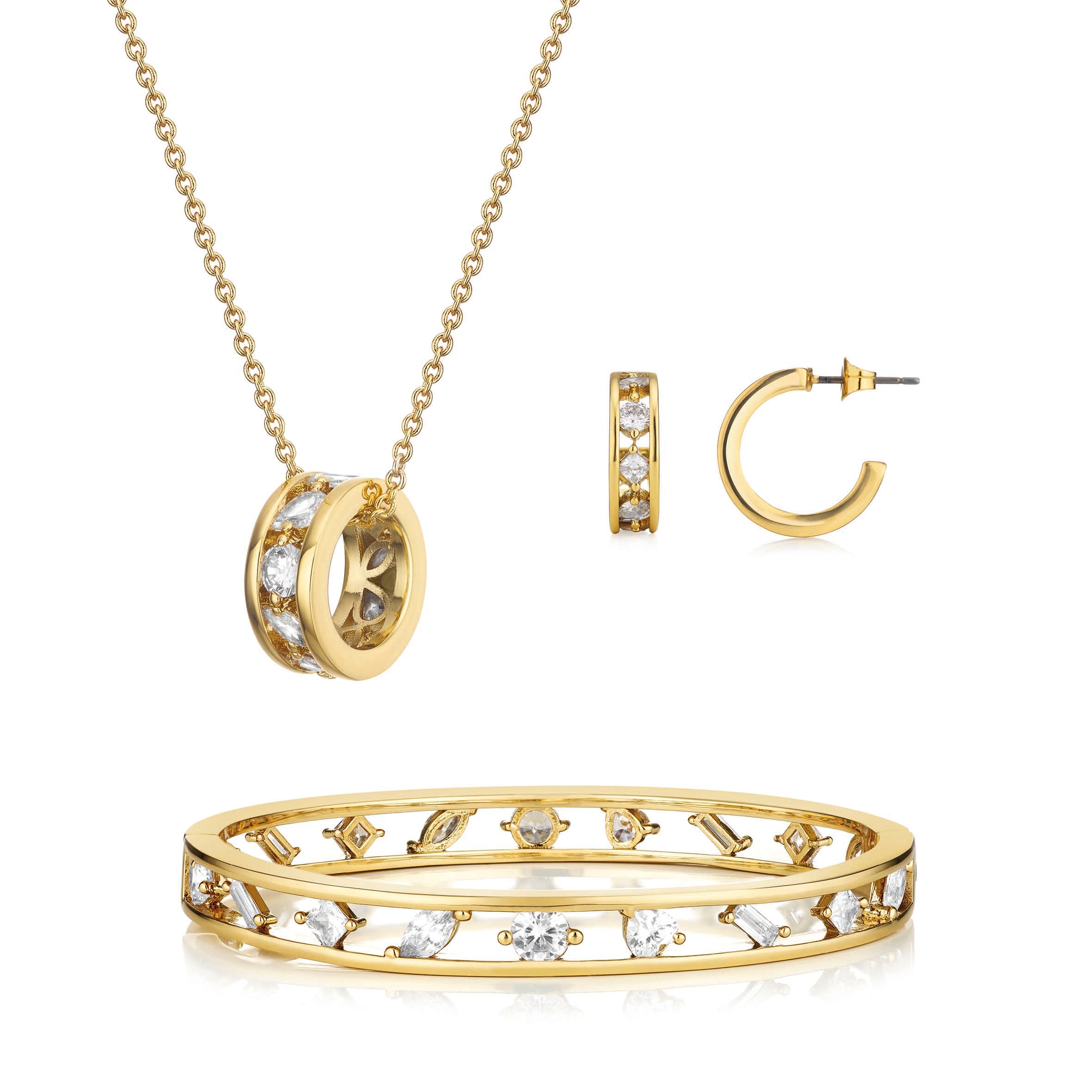 Gold plated jewellery set with necklace, hoop earrings, and bangle by Buckley London