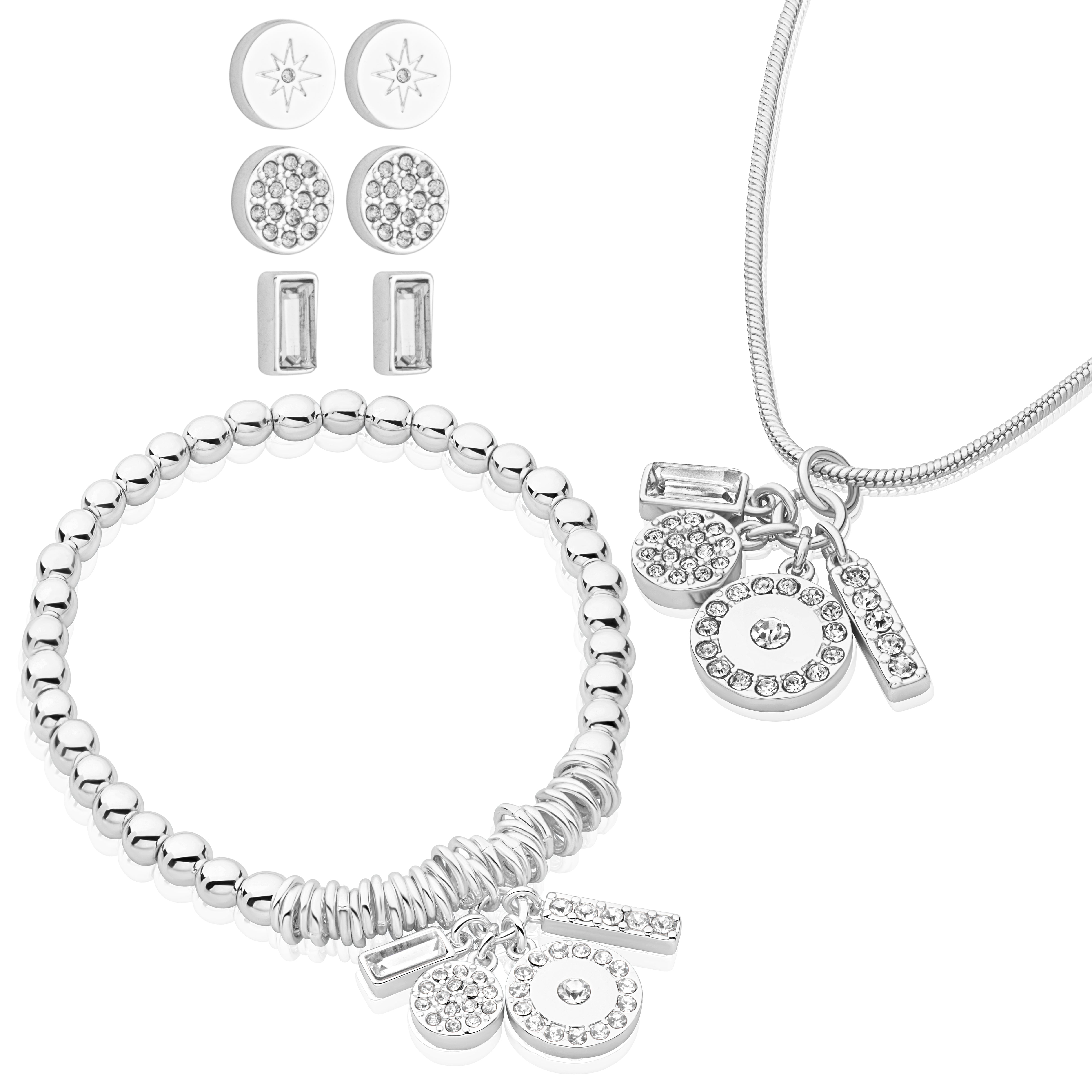 Silverplated jewelry set with bracelet, necklace, and earrings by Buckley London.